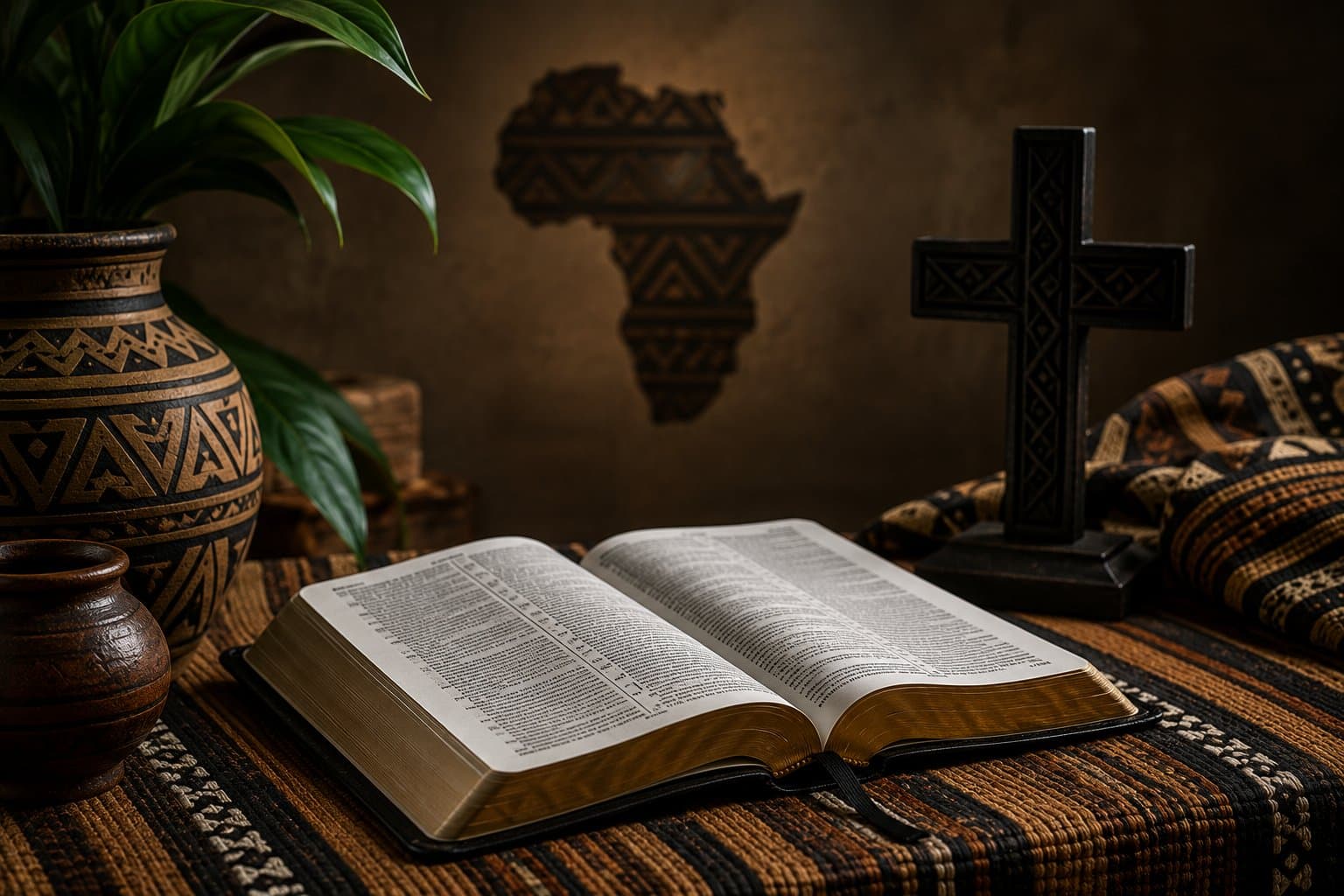 An open Bible beside a wooden cross